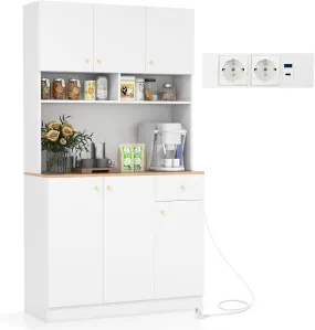 COSTWAY Armario Alacena de Cocina Mueble, Aparador Cocina con Tomas de Corriente, Puertos USB, Kits Antivuelco y Estantes Ajusta