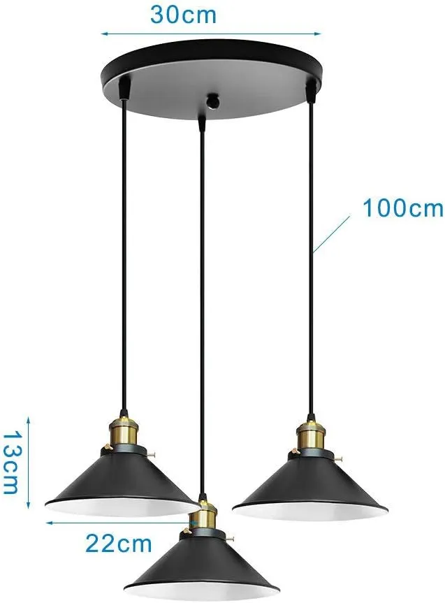 iDEGU 3 Luces Lámpara Colgante Industrial, 22cm Lámpara de Techo Vintage Diseño Edison Retro Tulipas de Metal Negro Lámparas de 