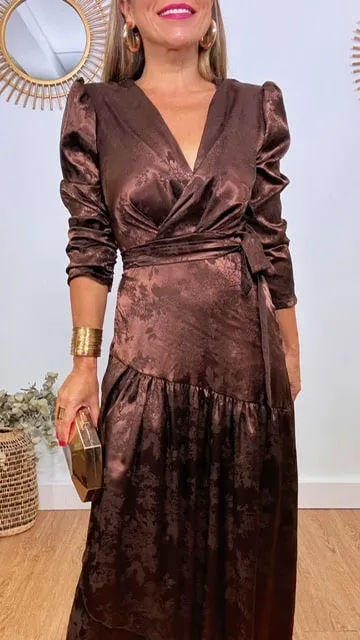 Vestido Satén brocado marrón